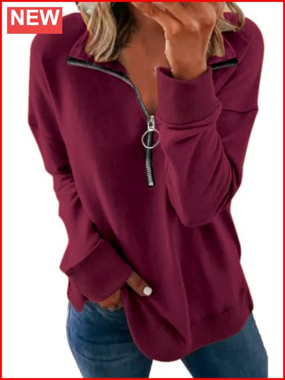Womens Quarter Zip Sweatshirt Long Sleeve Cotton Polyester Pullover Casual Top